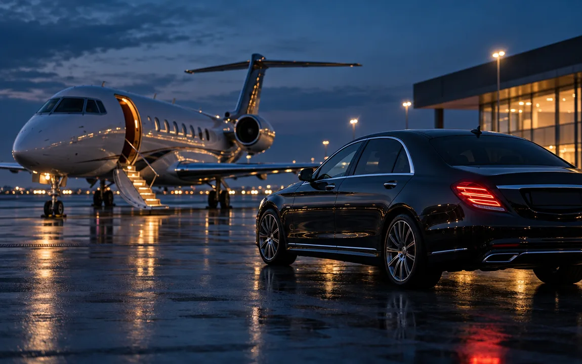 Black executive sedan parked beside a private jet on a wet airport apron at dusk, terminal lights reflected on the tarmac