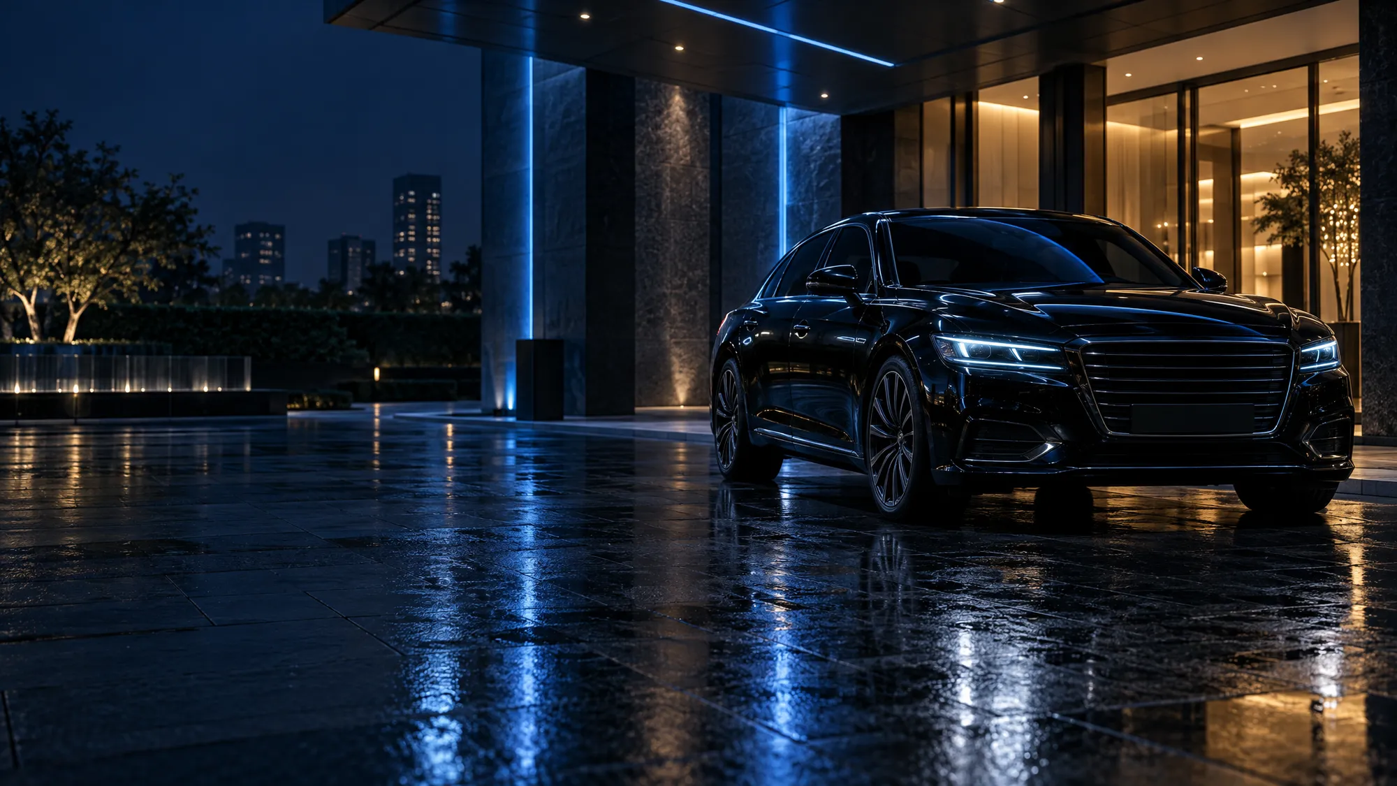 Black executive sedan waiting under a hotel porte-cochere at night, blue light reflected in wet stone