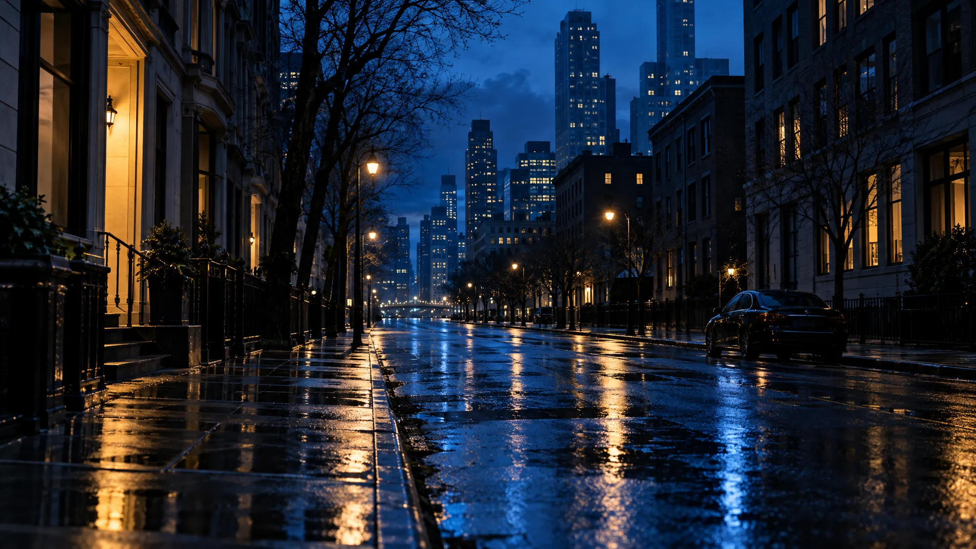 Quiet city street at blue hour after rain, a black sedan parked at the kerb