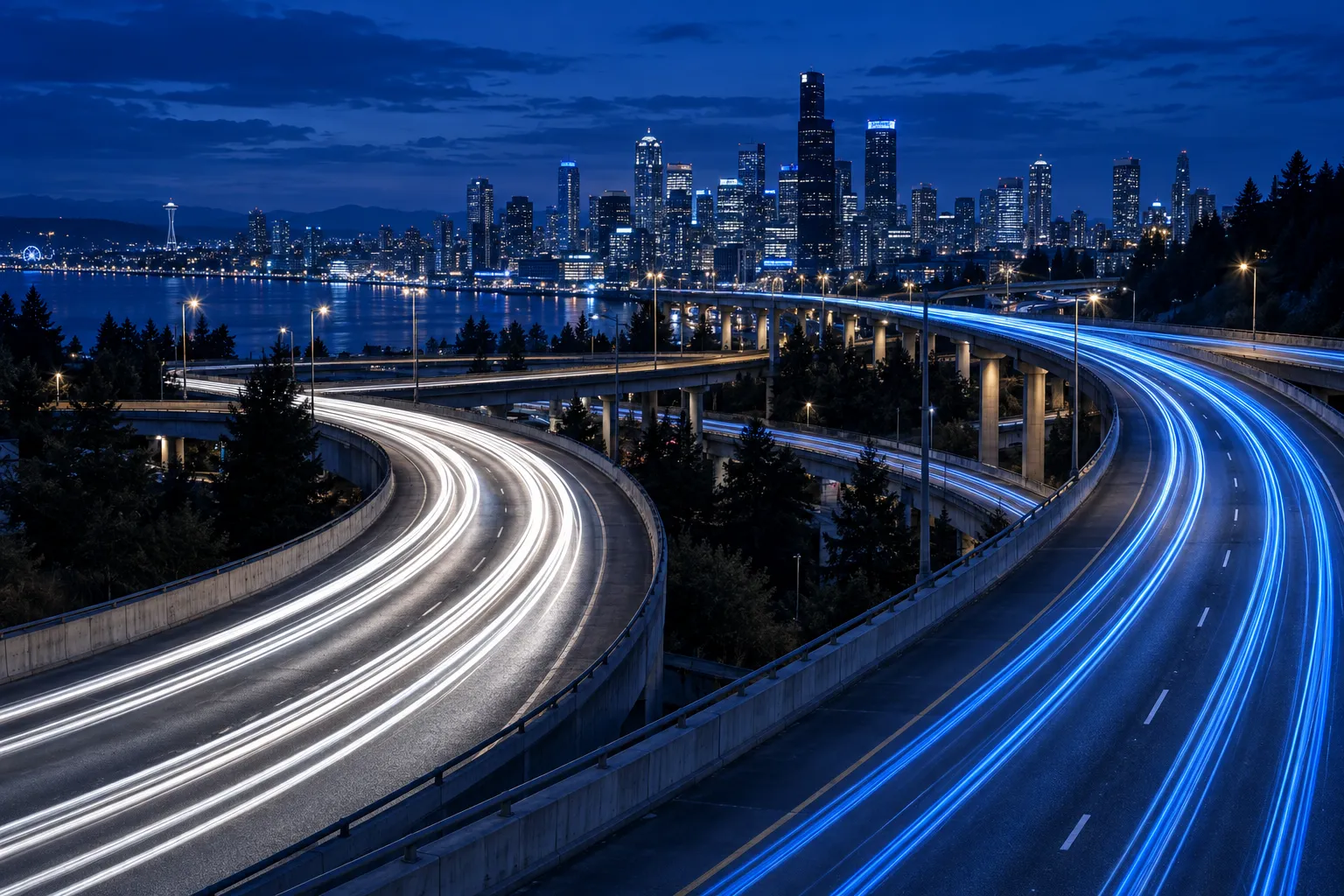 Highway interchange at blue hour with light trails leading to a city skyline