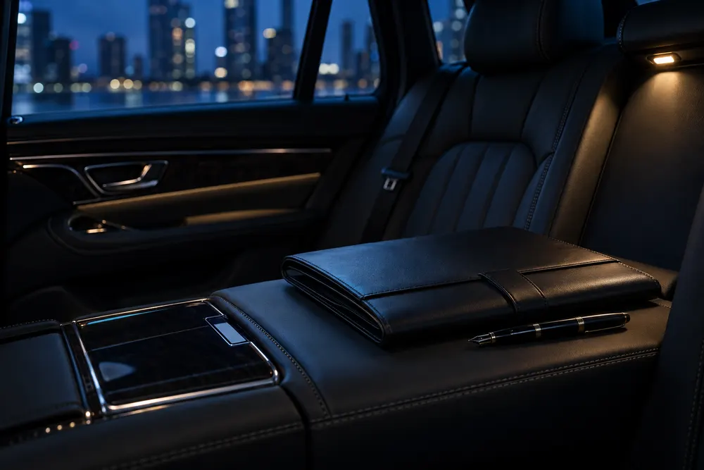 Black leather document folder and fountain pen on the rear armrest of a luxury car