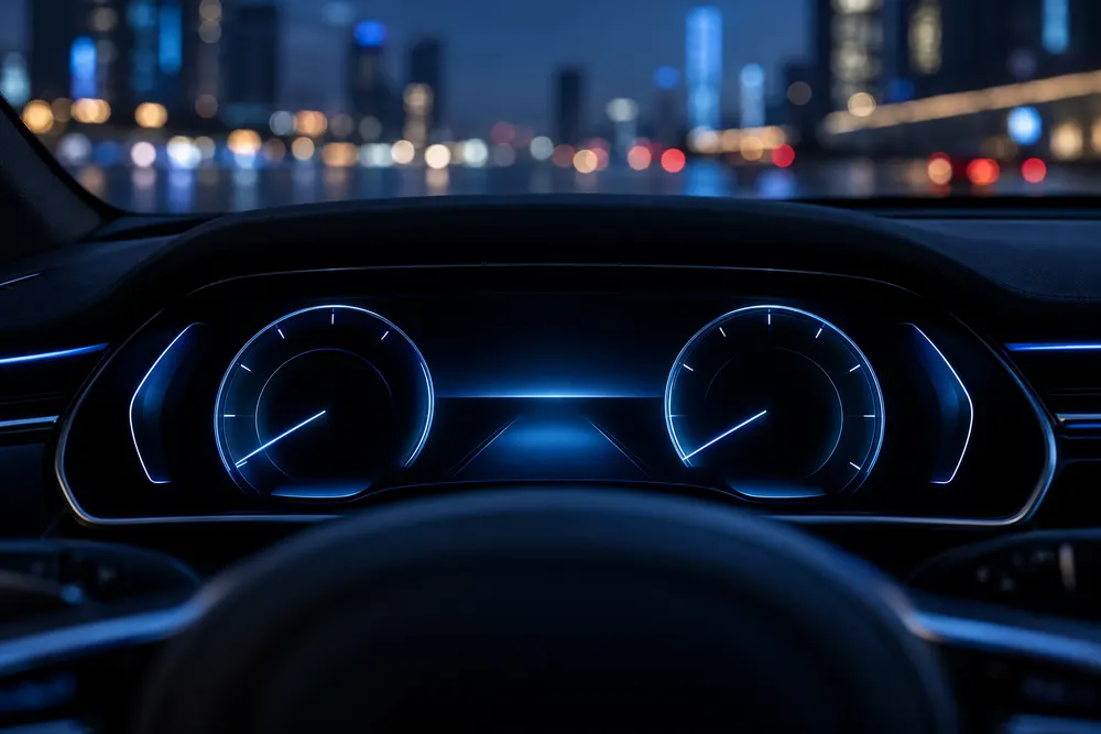 Luxury car instrument cluster glowing blue at night with city lights beyond the windscreen