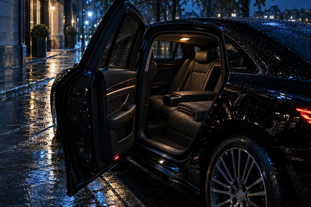 Open rear door of a black luxury sedan showing quilted leather seats at night