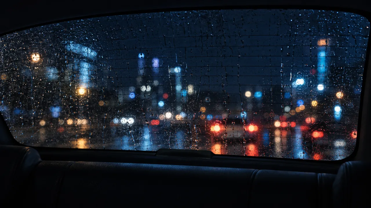 Rain-streaked rear car window at night with blurred city lights beyond