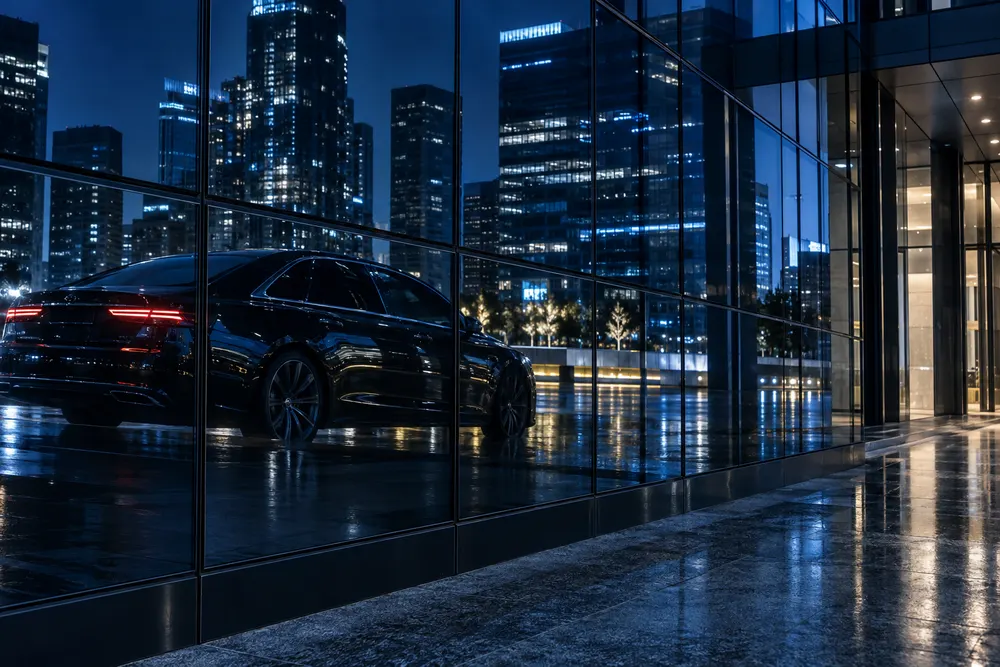 Black sedan reflected in the glass facade of an office building at night