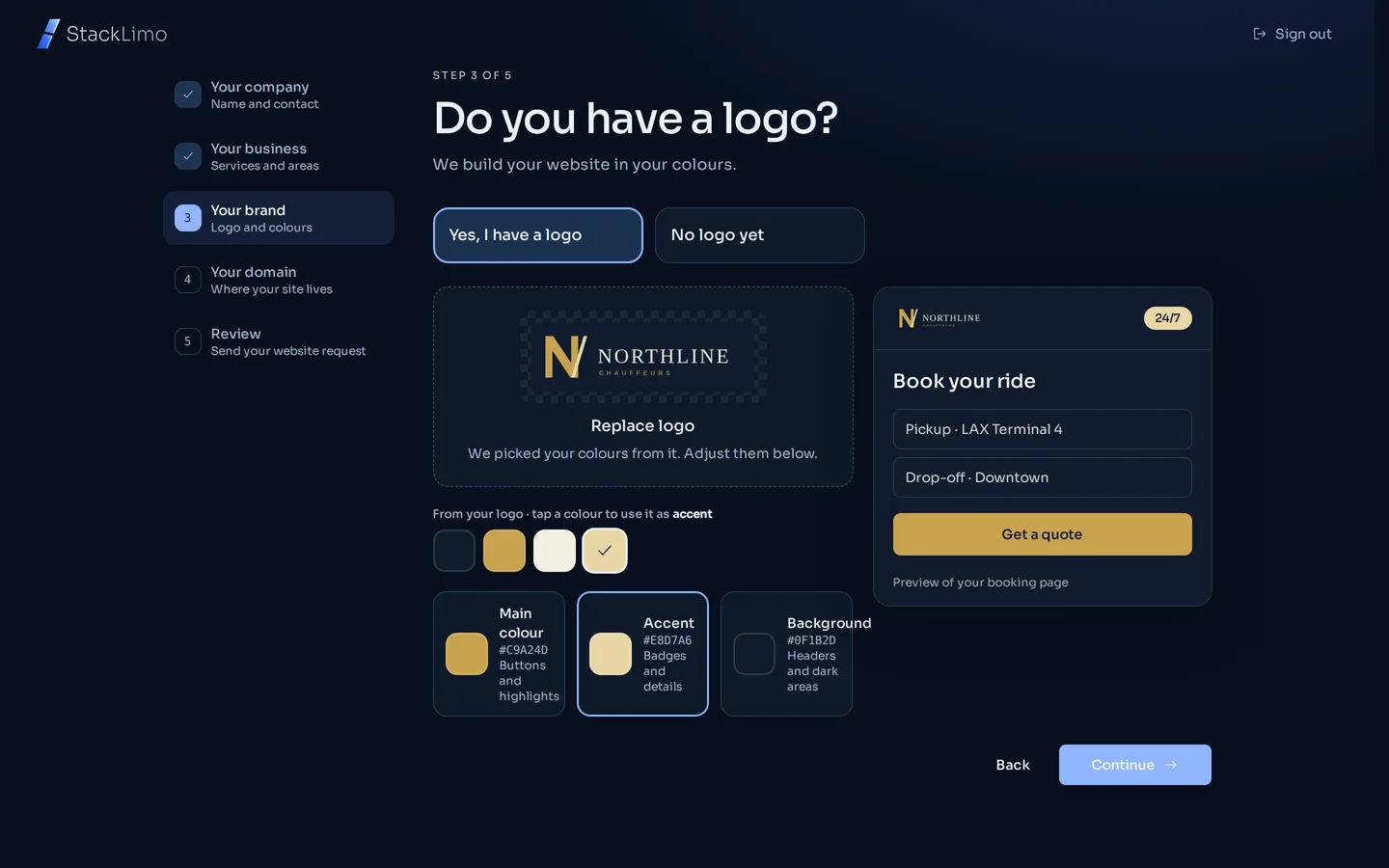 StackLimo onboarding brand step reading a gold and navy colour palette from an uploaded logo, with a live booking page preview